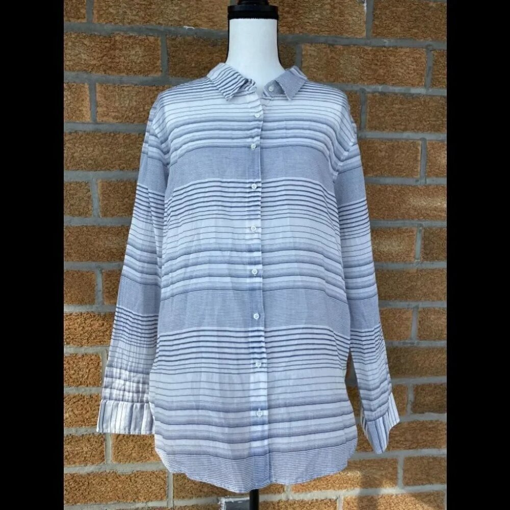 XIRENA Button Down Shirt WhiteBlue Striped  large